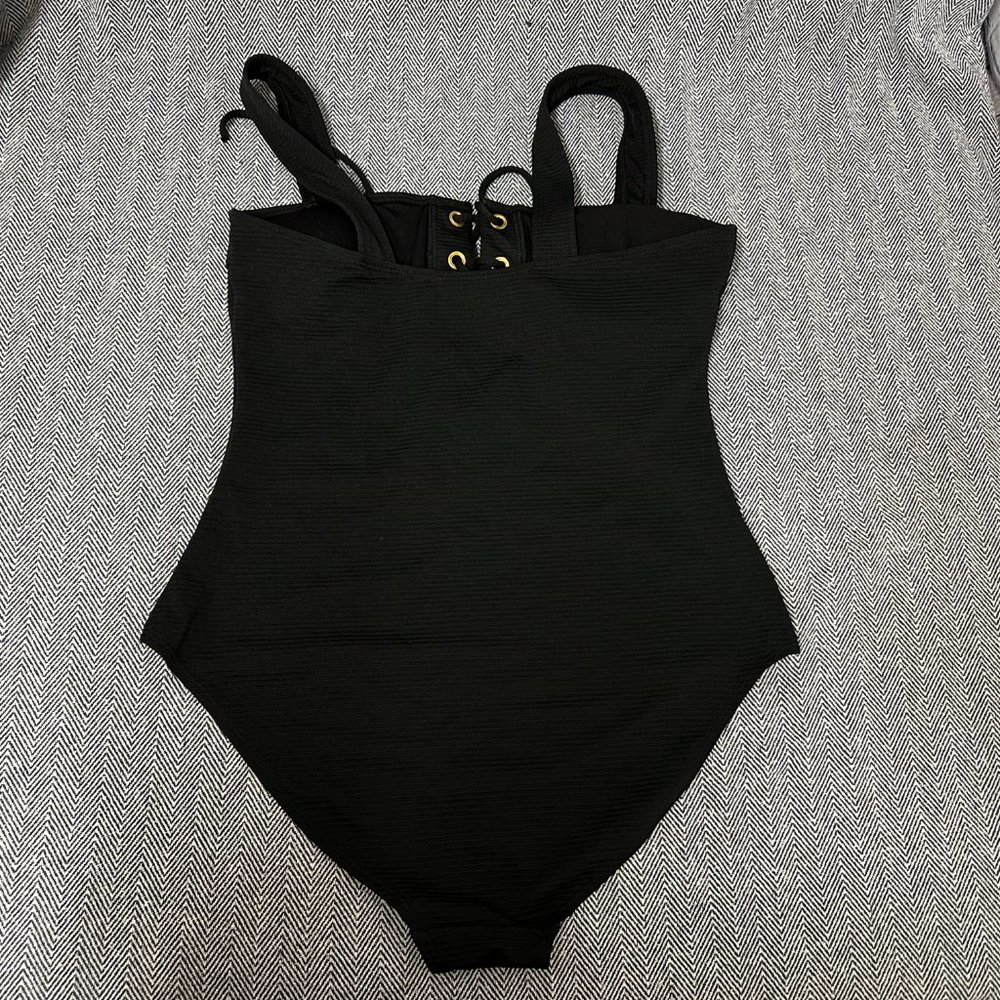 Black Lace Up Front One Piece Swim Suit - Picture 4 of 6